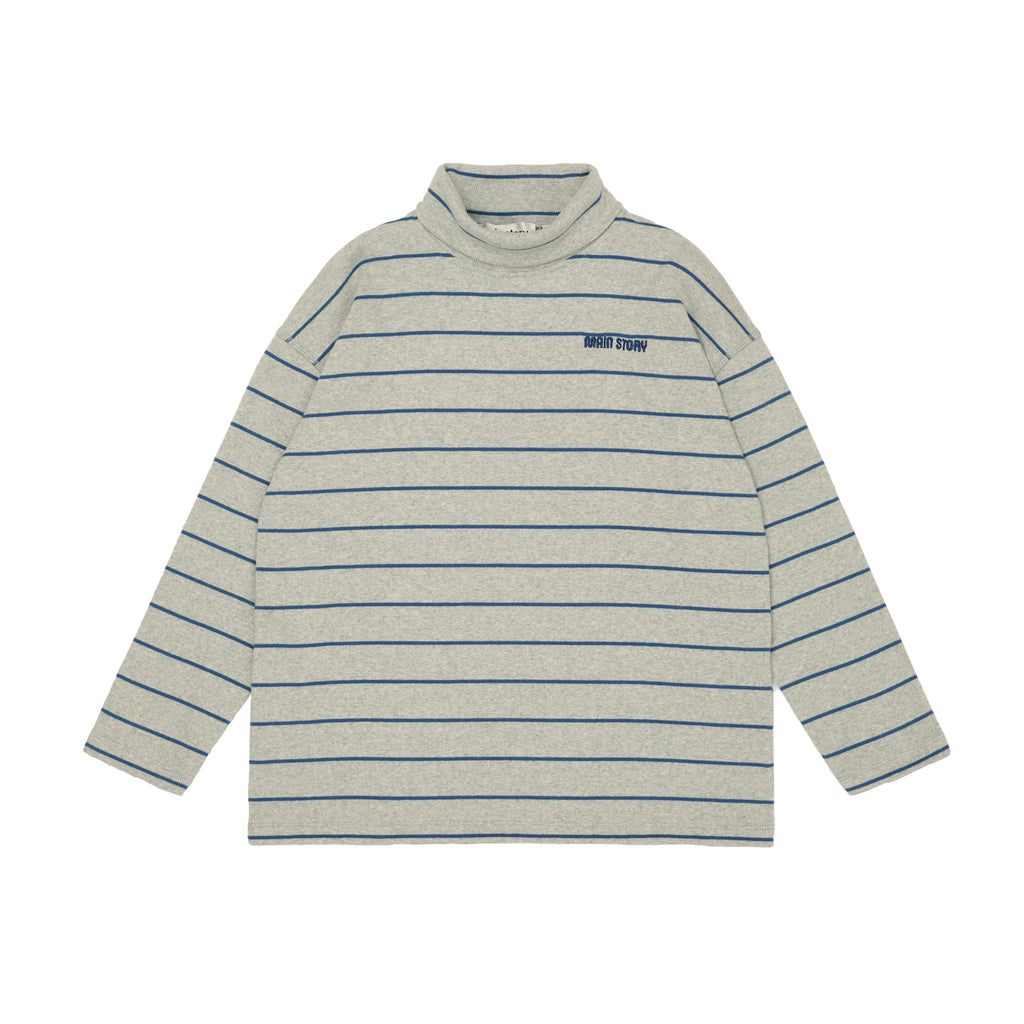 Main Story striped long-sleeve shirt with rolled neck and a brand logo on a white background