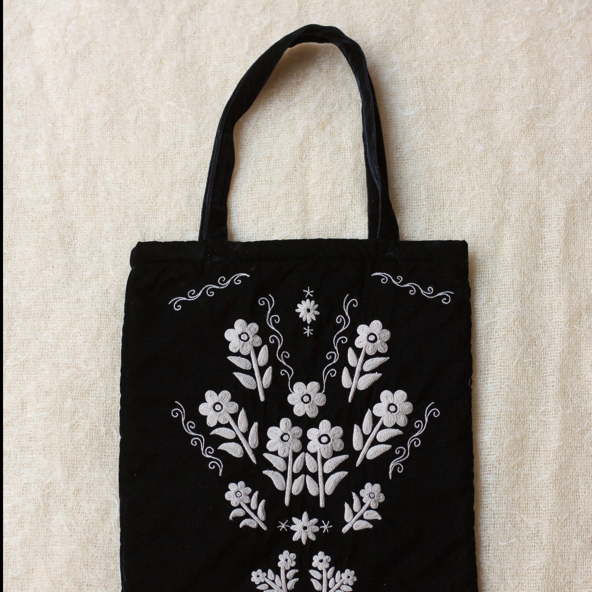 Bonjour Kid's Big Tote Bag Black Velvet Ivory Embroidery Red Cashmere Print Lining | BIEN BIEN bienbienshop.com