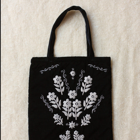 Bonjour Kid's Big Tote Bag Black Velvet Ivory Embroidery Red Cashmere Print Lining | BIEN BIEN bienbienshop.com