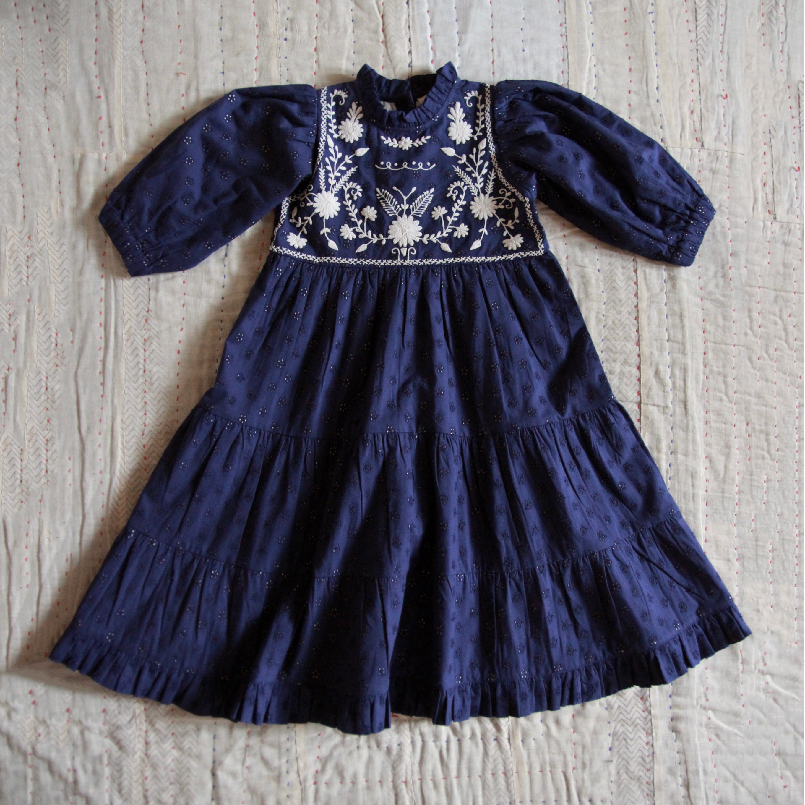Bonjour Kid's Margot Long Dress Navy Broderie Anglaise | BIEN BIEN