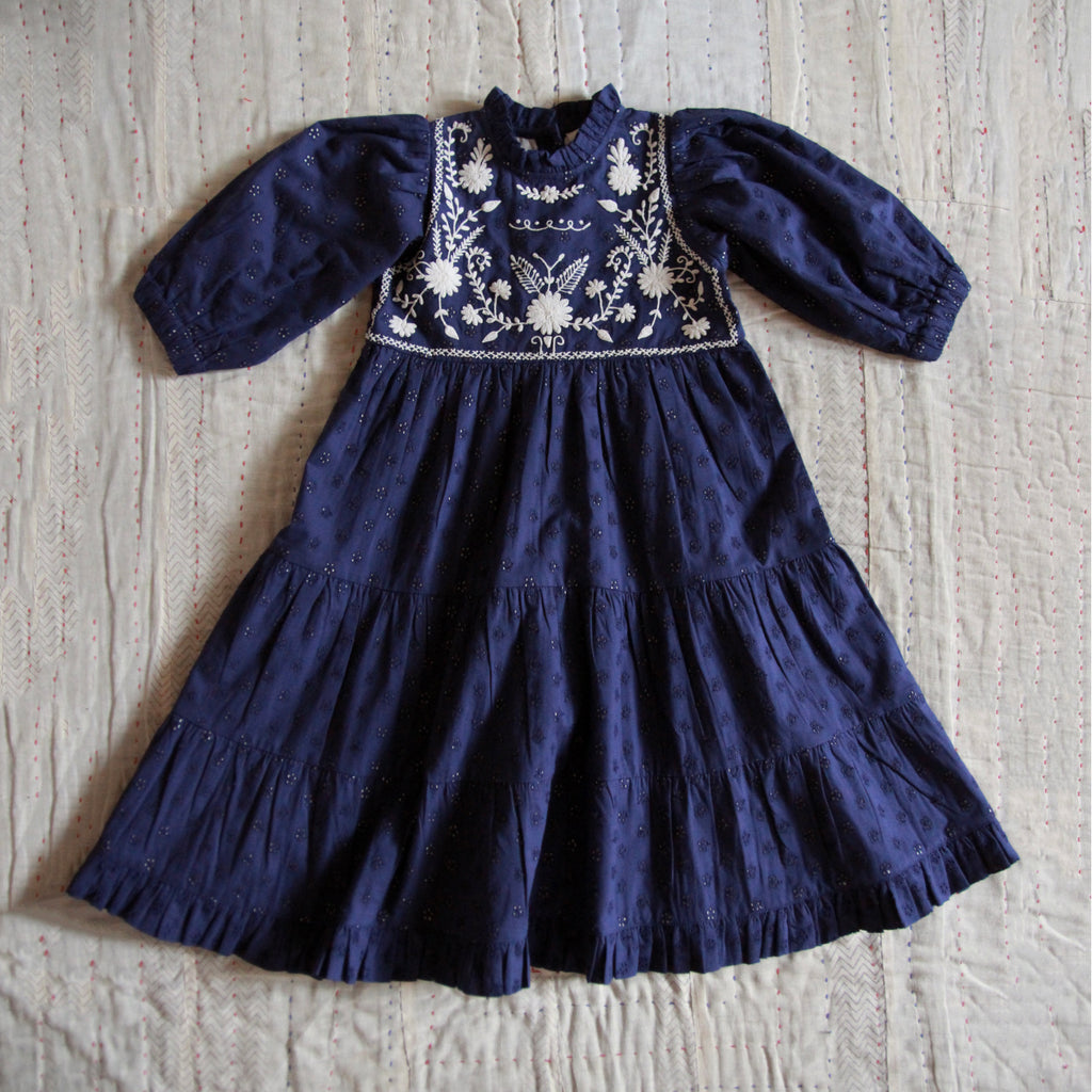Bonjour Kid's Margot Long Dress Navy Broderie Anglaise | BIEN BIEN