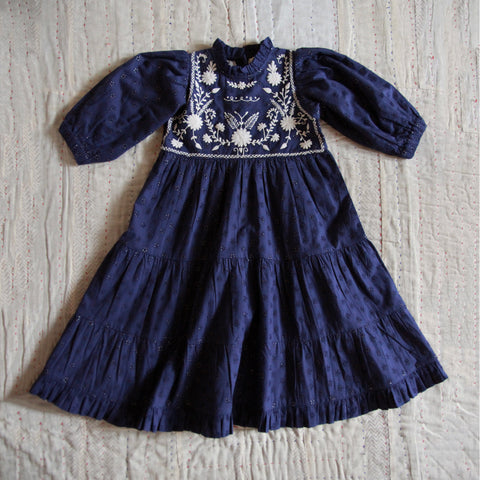 Bonjour Kid's Margot Long Dress Navy Broderie Anglaise | BIEN BIEN
