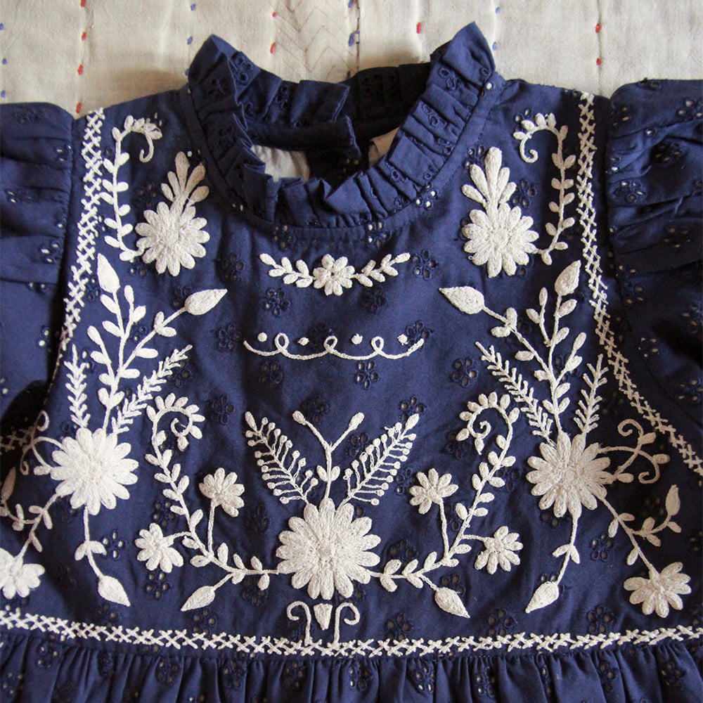 Bonjour Kid's Margot Long Dress Navy Broderie Anglaise | BIEN BIEN