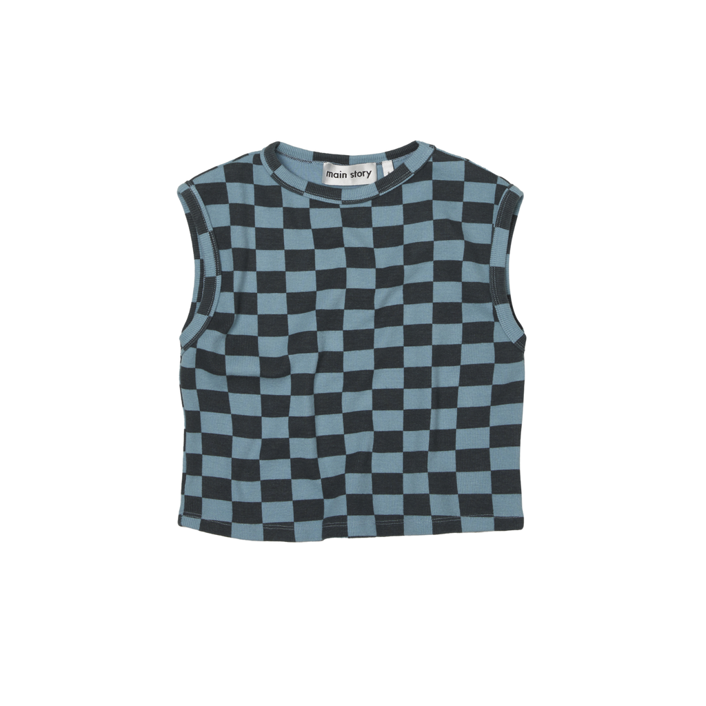 Main Story Kid's Rib Tank Top Stone Blue Check | BIEN BIEN bienbienshop.com