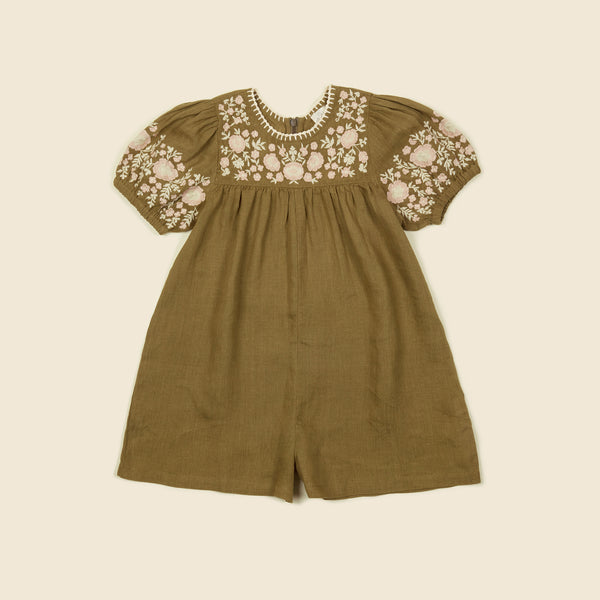 NEW Apolina Bess Kid's Embroidered Playsuit Romper Olive Linen