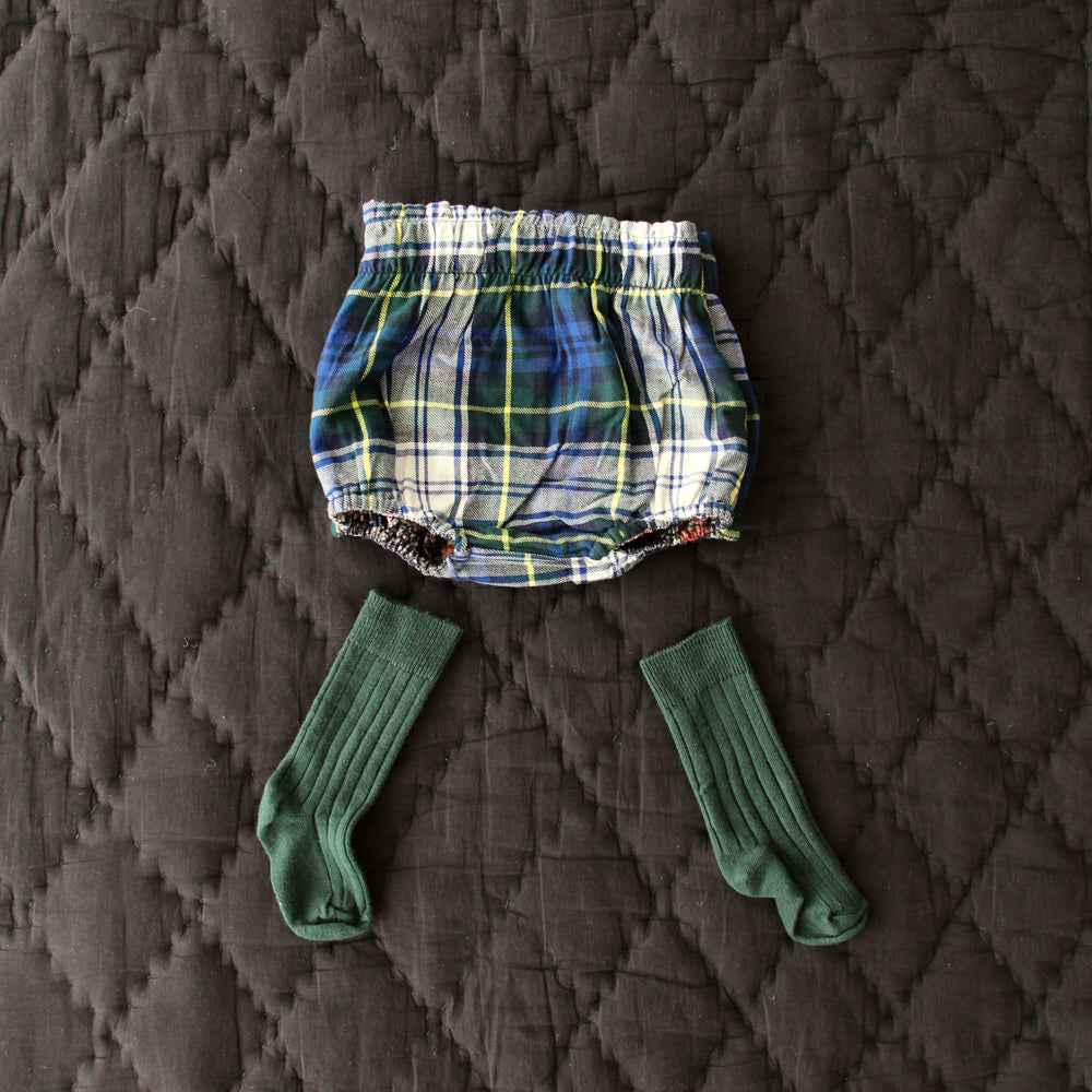 SALE Bonjour Reversible Baby Bloomer Indigo Flowers Blue Green Tartan | BIEN BIEN