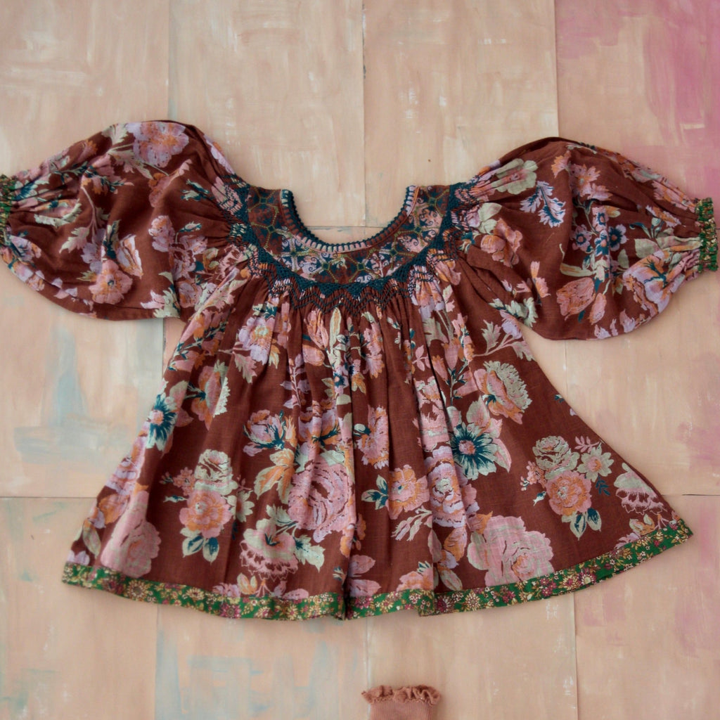 SALE Bonjour Butterfly Kid Puff Sleeve Blouse Big Brown Flower | BIEN BIEN bienbienshop.com