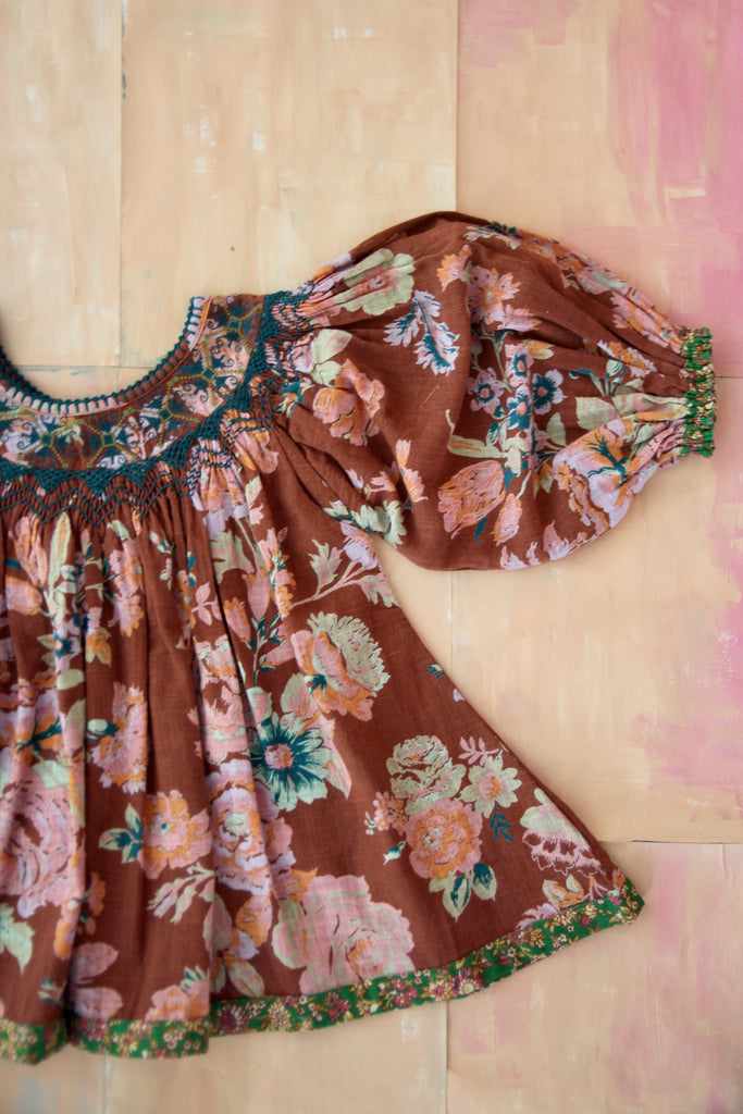 SALE Bonjour Butterfly Kid Puff Sleeve Blouse Big Brown Flower | BIEN BIEN bienbienshop.com