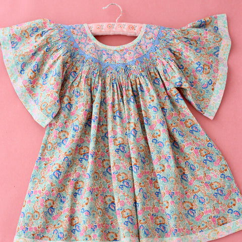 Bonjour Embroidered Butterfly Kid's Short Sleeve Dress Blue Garden | BIEN BIEN bienbienshop.com