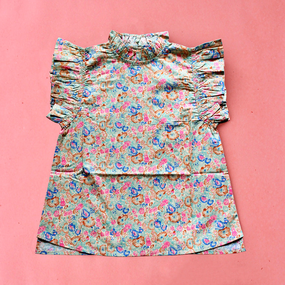 Bonjour Ruffle Embroidered "Tokyo" Kid's Blouse Blue Garden | BIEN BIEN bienbienshop.com