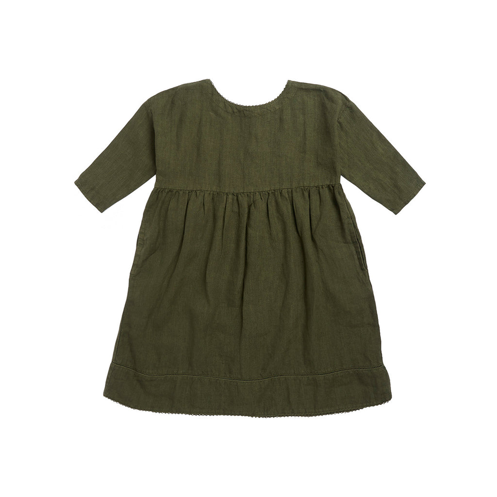 Caramel Wimbledon Kid's Dress Army Green Linen | BIEN BIEN www.bienbienshop.com