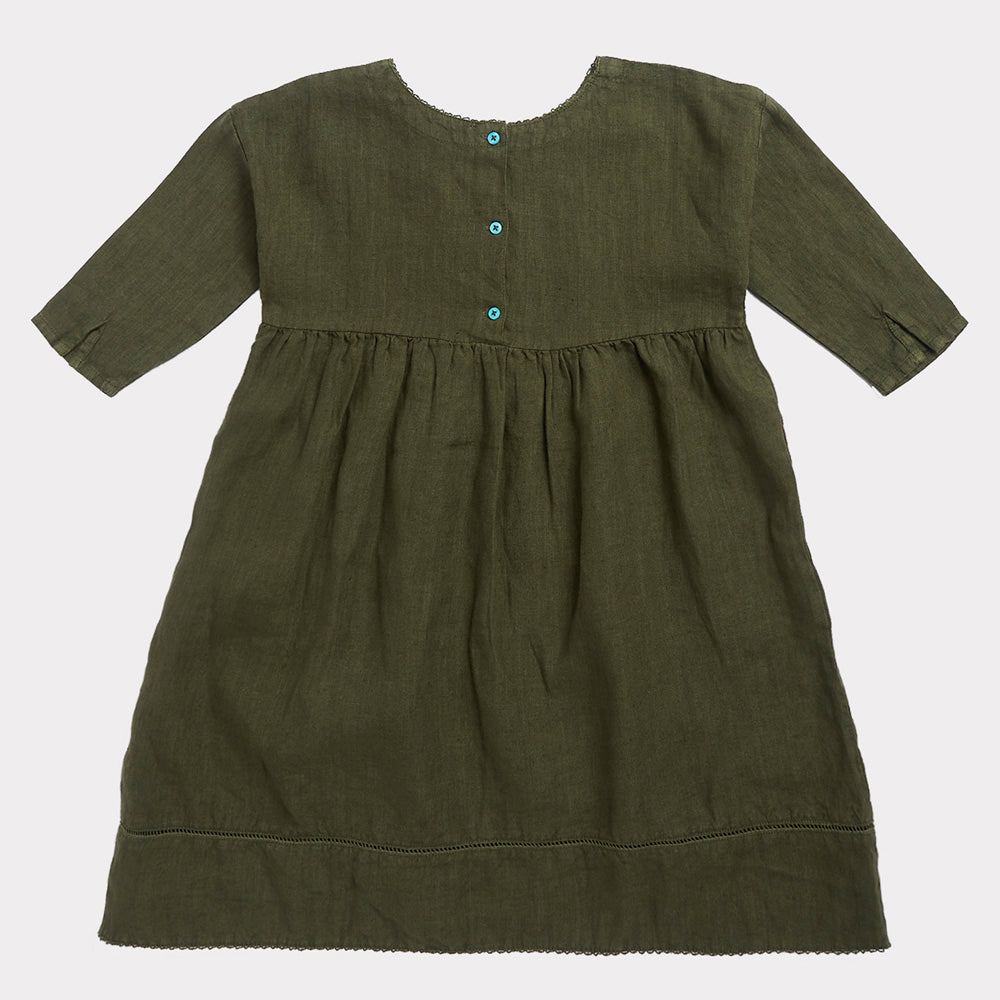 Caramel Wimbledon Kid's Dress Army Green Linen | BIEN BIEN www.bienbienshop.com