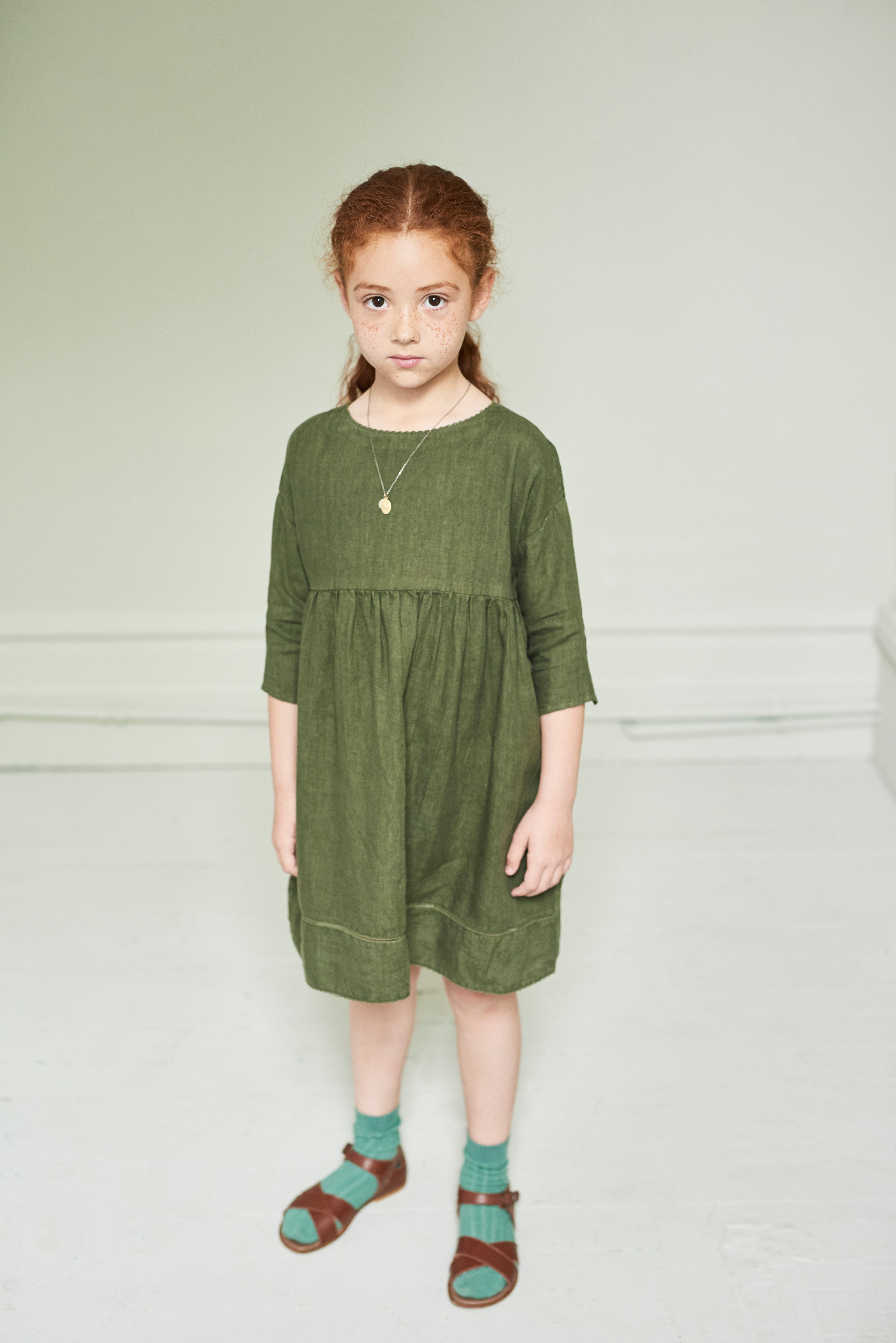 Caramel Wimbledon Kid's Dress Army Green Linen | BIEN BIEN www.bienbienshop.com