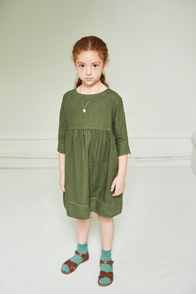 Caramel Wimbledon Kid's Dress Army Green Linen | BIEN BIEN www.bienbienshop.com