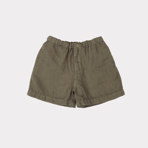 Caramel Lobster Unisex Kid Linen Shorts Dark Olive Green | BIEN BIEN