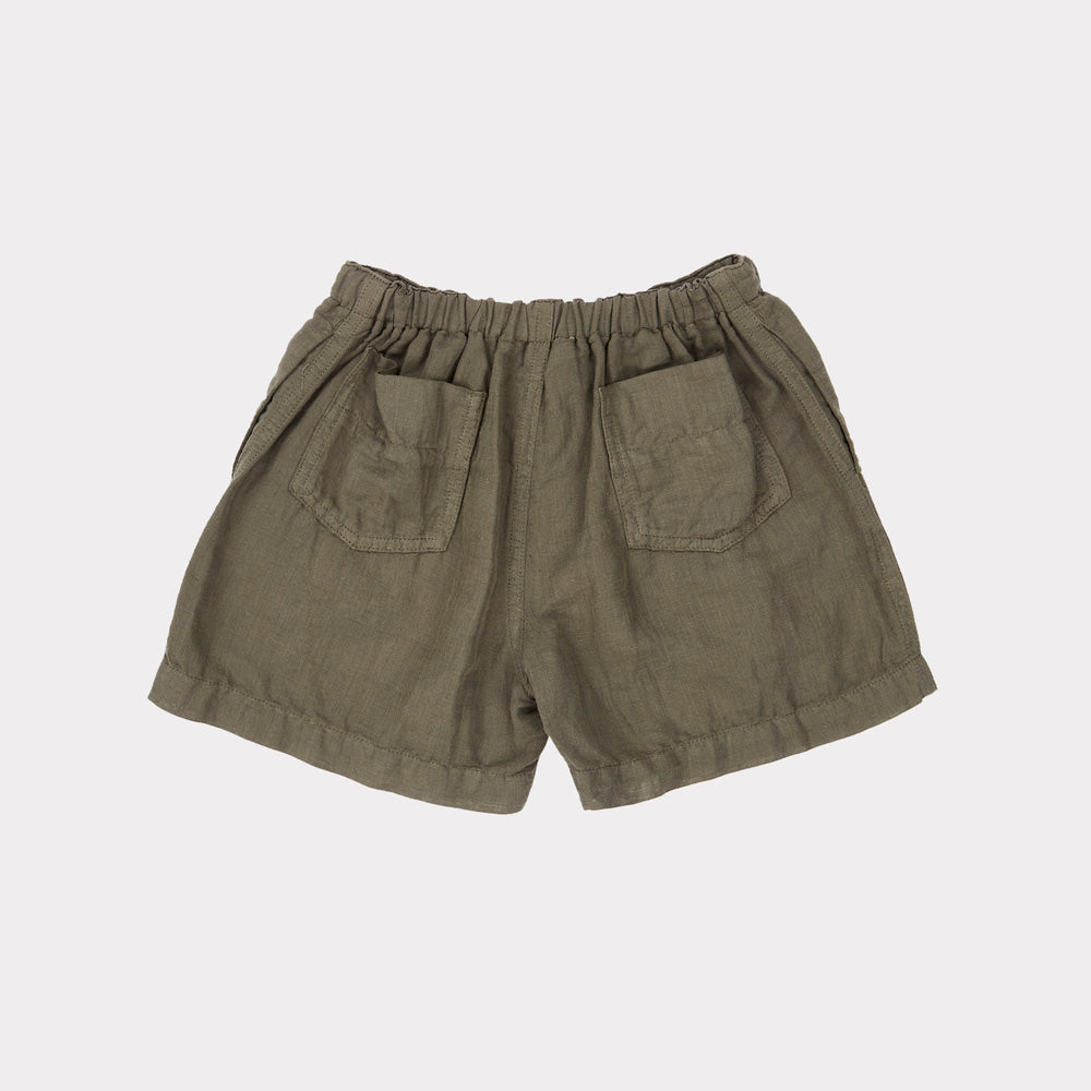 Caramel Lobster Unisex Kid Linen Shorts Dark Olive Green | BIEN BIEN