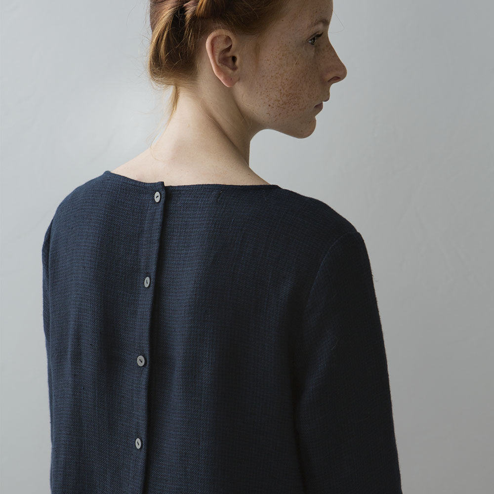 Muku Pleated Dress with Button Closure in Dark Blue | BIEN BIEN