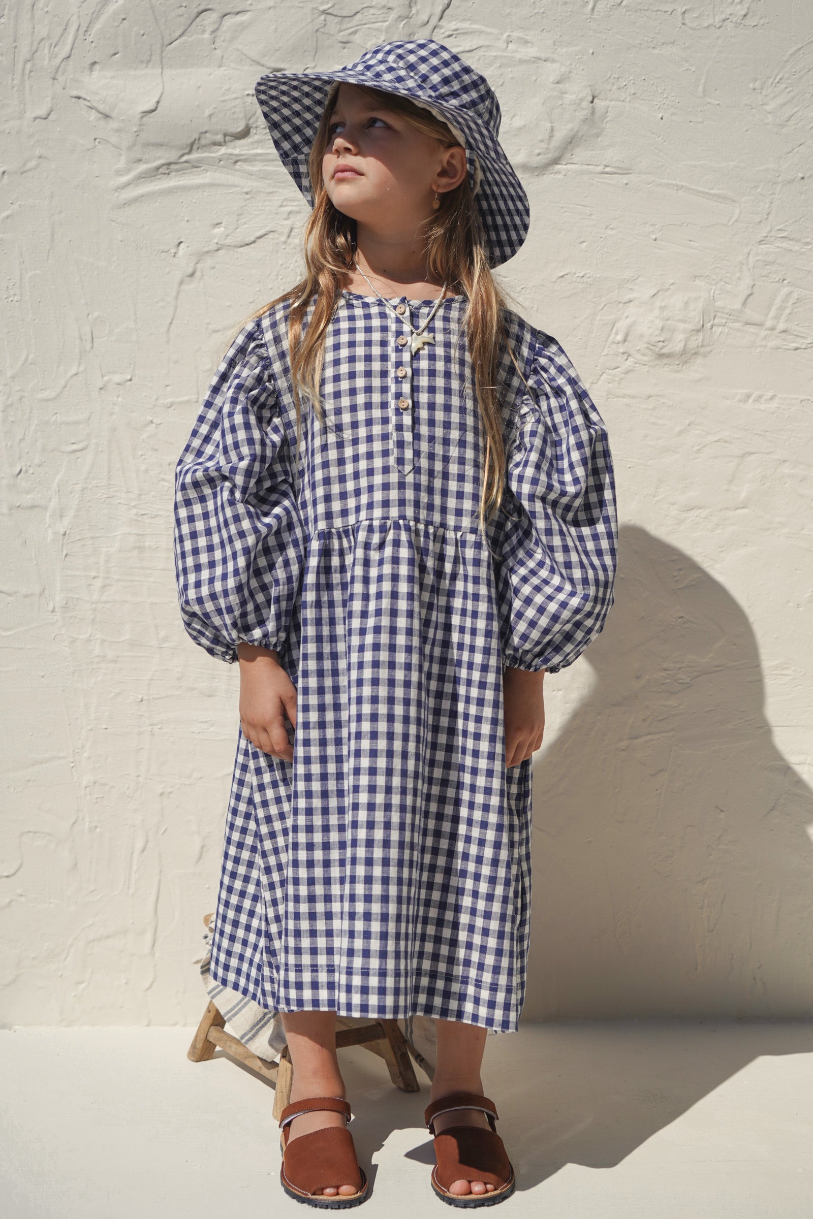 House of Paloma Agna Kids Dress Taverna Gingham Check Linen Navy White | BIEN BIEN bienbienshop.com