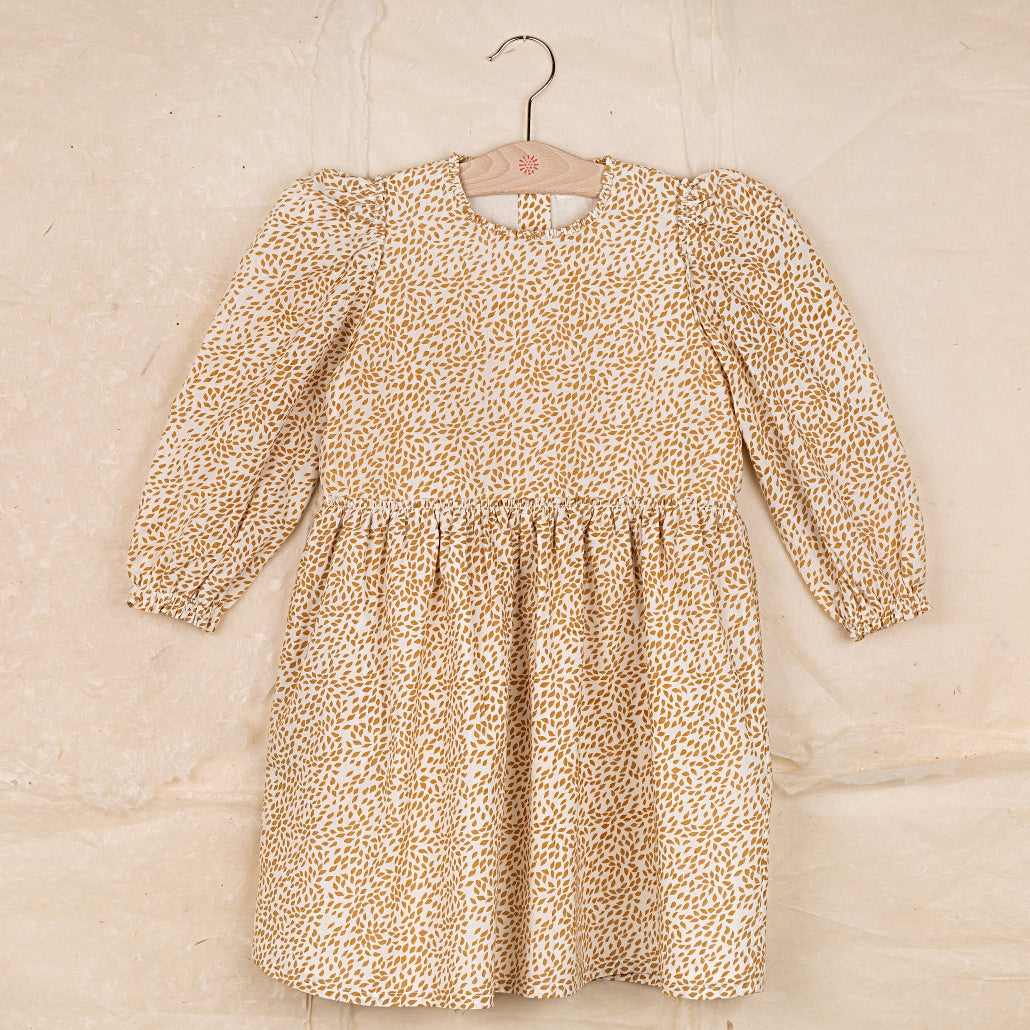 Ketiketa Dora Puff Shoulder Kid's Dress Ochre Leaf | BIEN BIEN www.bienbienshop.com