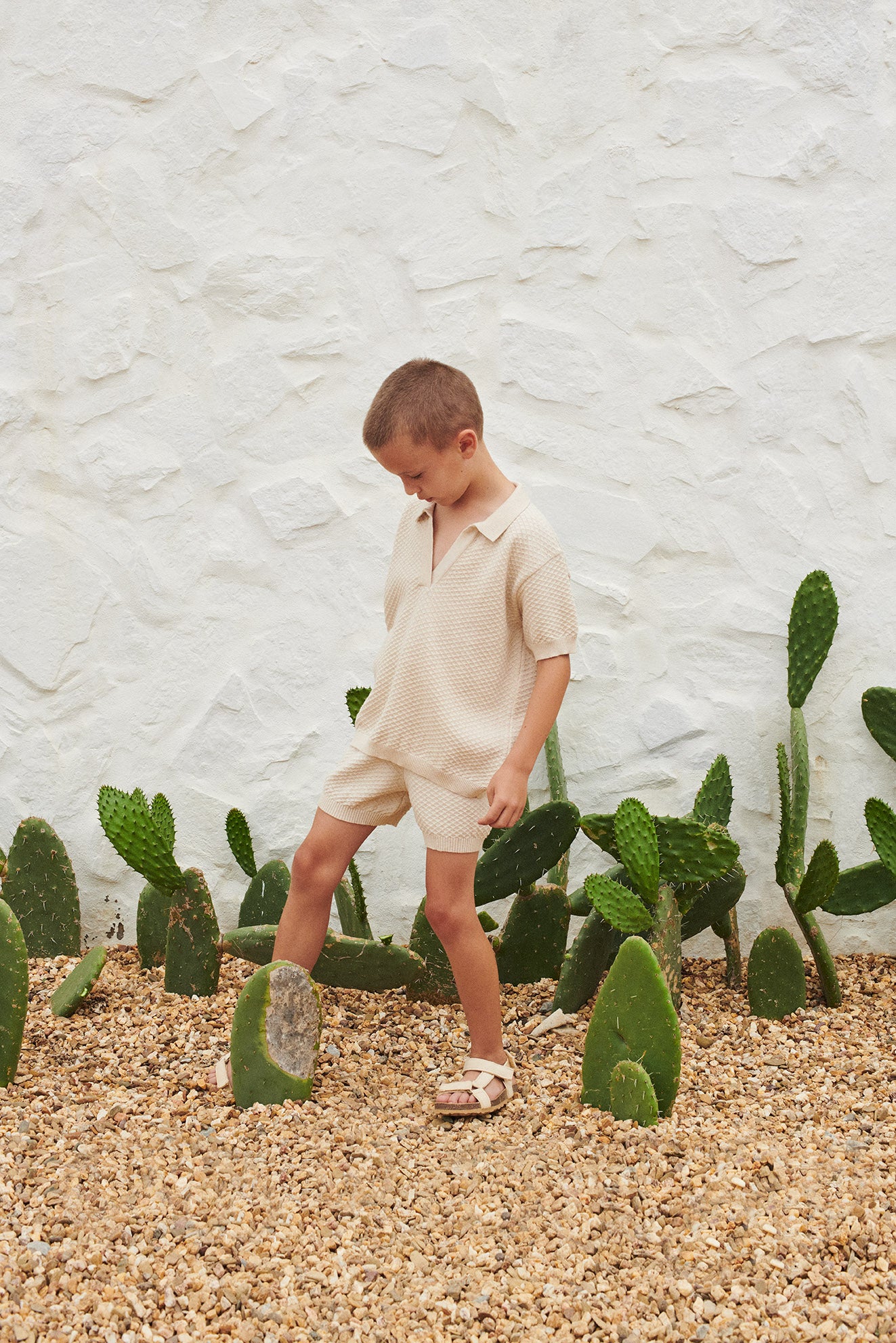 NEW LiiLU Kid's Textured Knit Polo Short Sleeve Tee Ecru | BIEN BIEN bienbienshop.com