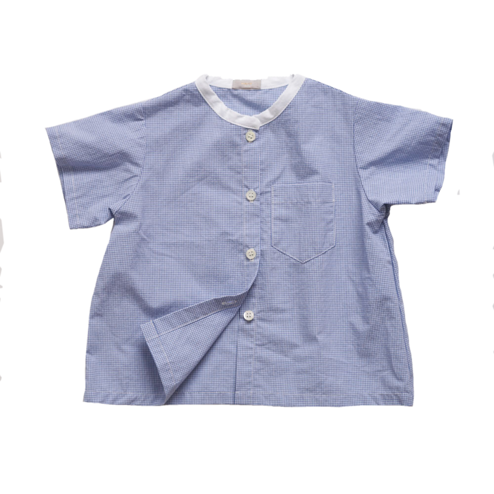 Makié James Baby Boy Short Sleeve Shirt in Blue Gingham White Collar | BIEN BIEN