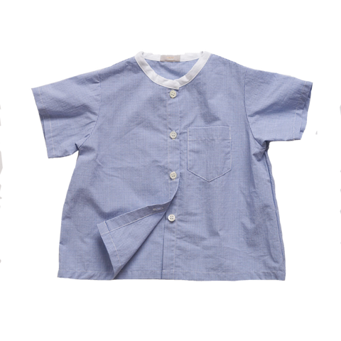 Makié James Baby Boy Short Sleeve Shirt in Blue Gingham White Collar | BIEN BIEN