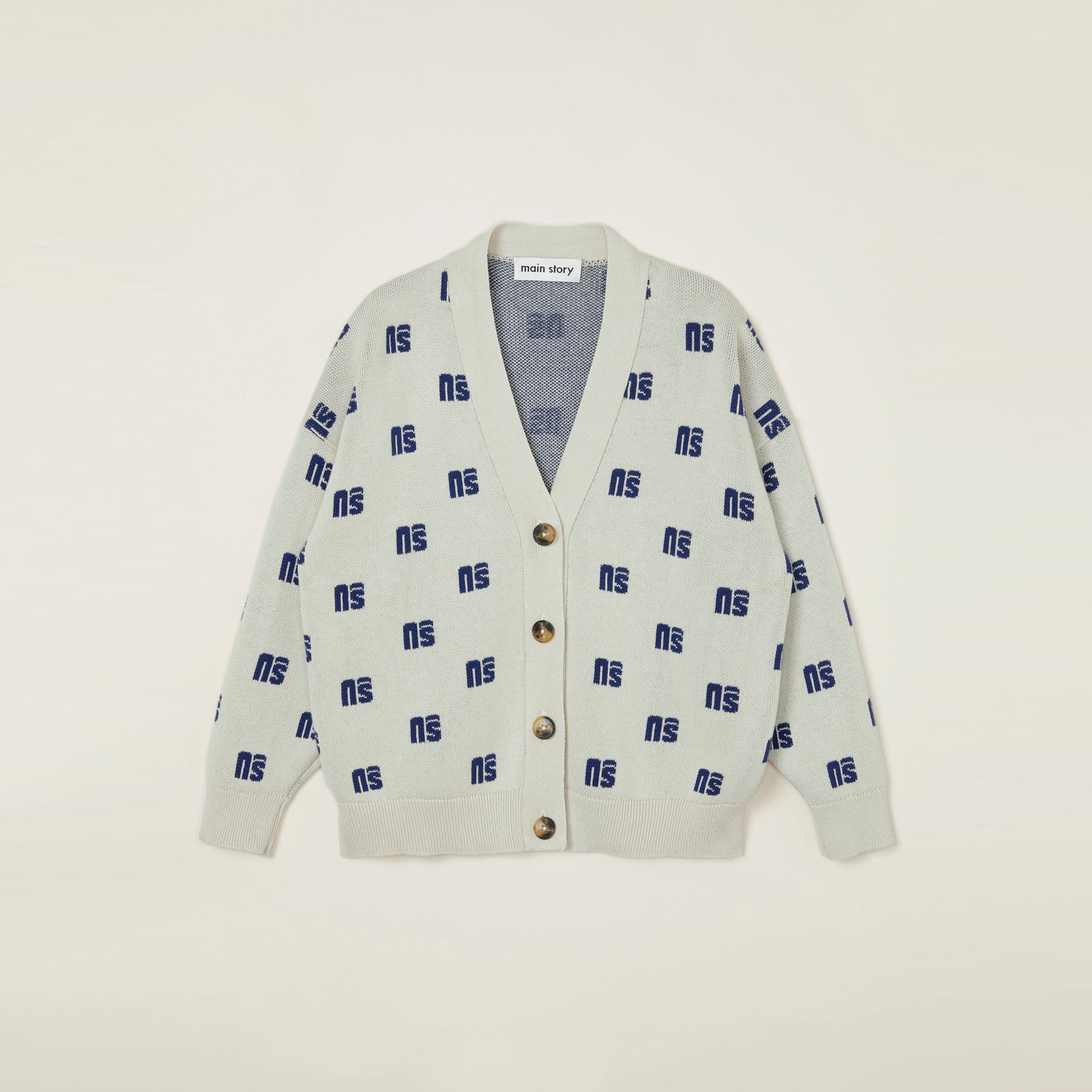 NEW Main Story Kid's Jacquard Knit Cardigan Oat White Navy Monogram | BIEN BIEN bienbienshop.com