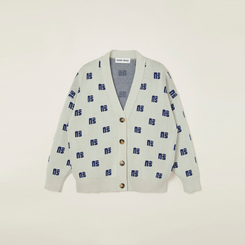 NEW Main Story Kid's Jacquard Knit Cardigan Oat White Navy Monogram | BIEN BIEN bienbienshop.com