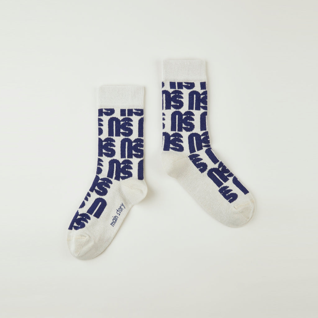 NEW Main Story Kid's Logo Monogram Mid-Calf Socks Oat Navy Blue | BIEN BIEN bienbienshop.com