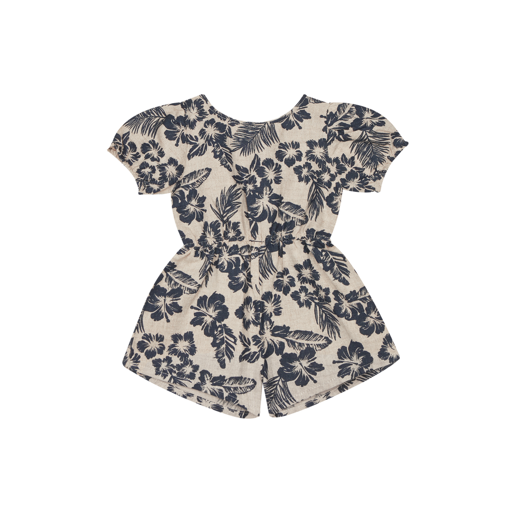 The New Society Hibiscus Baby Short Romper Navy / Sand Linen Cotton | BIEN BIEN bienbienshop.com