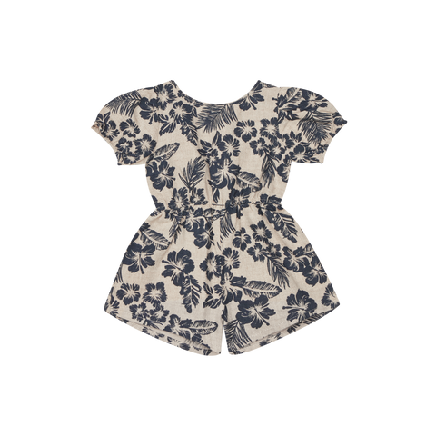 The New Society Hibiscus Baby Short Romper Navy / Sand Linen Cotton | BIEN BIEN bienbienshop.com