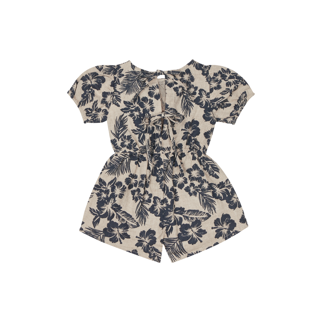 The New Society Hibiscus Baby Short Romper Navy / Sand Linen Cotton | BIEN BIEN bienbienshop.com