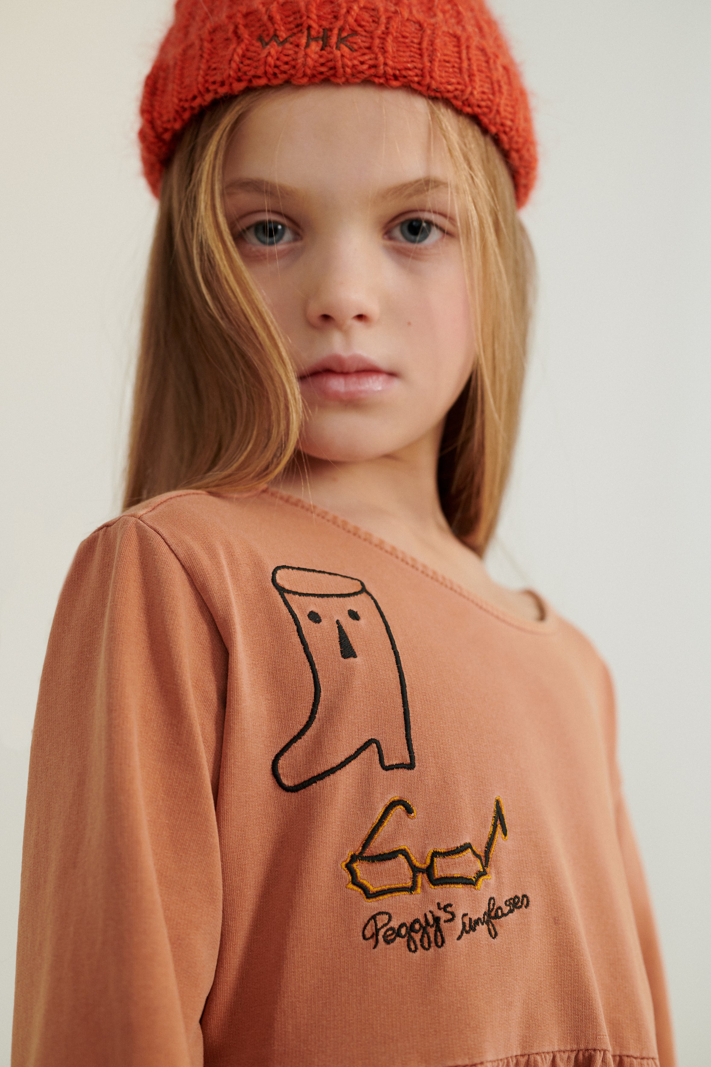 Weekend House Kids Peggy Kid's Dress Brick Embroidered Organic Cotton | BIEN BIEN bienbienshop.com