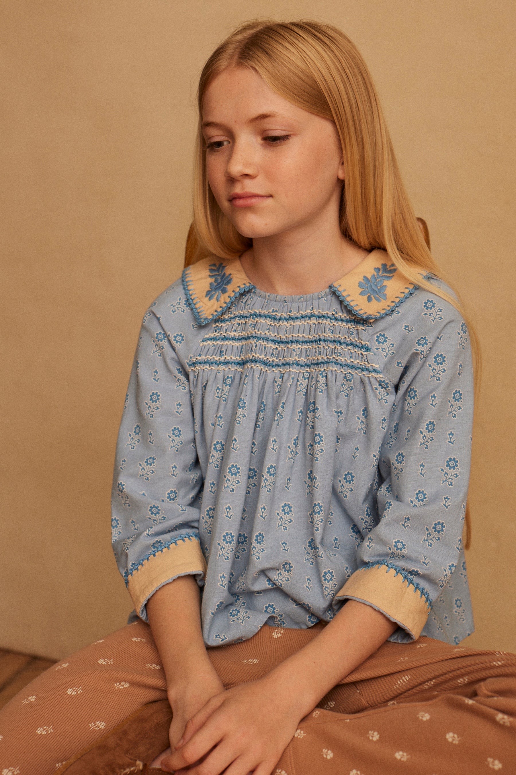 Apolina Hazel Embroidered Blouse Folk Floral Blue Mist | BIEN BIEN