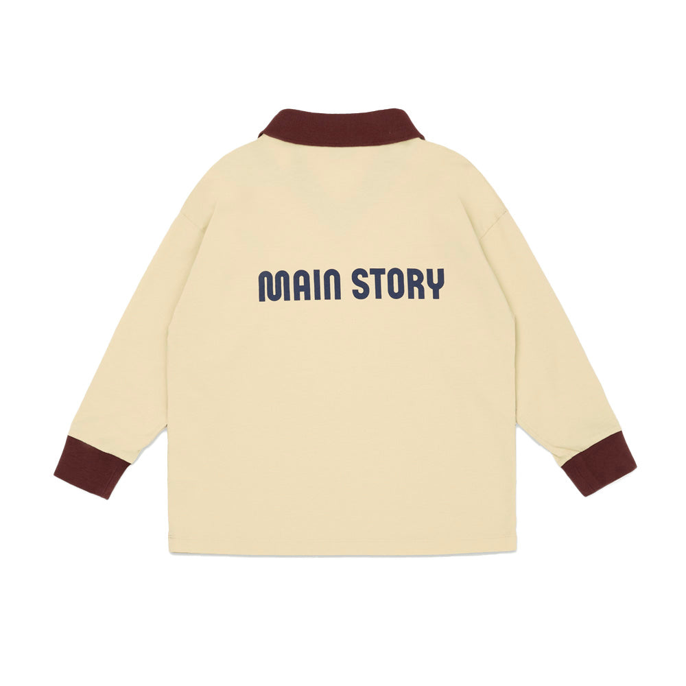 Main story beige long-sleeve athletic shirt with burgundy accents and 'MAIN STORY' text on a white background