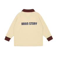 Main story beige long-sleeve athletic shirt with burgundy accents and 'MAIN STORY' text on a white background
