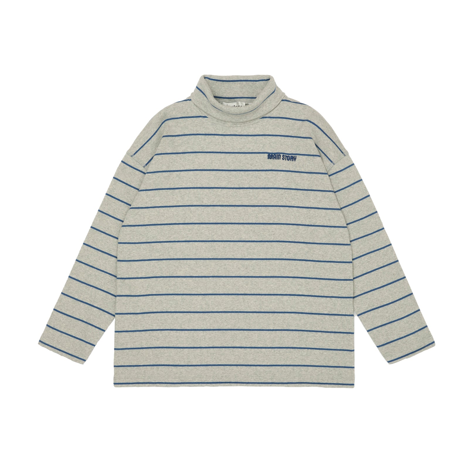 Main Story striped long-sleeve shirt with rolled neck and a brand logo on a white background