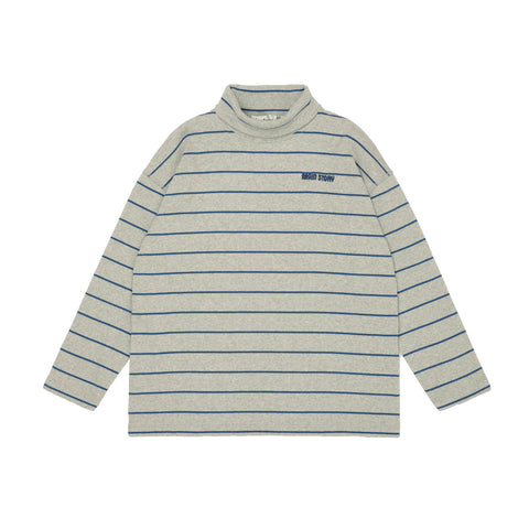 Main Story striped long-sleeve shirt with rolled neck and a brand logo on a white background