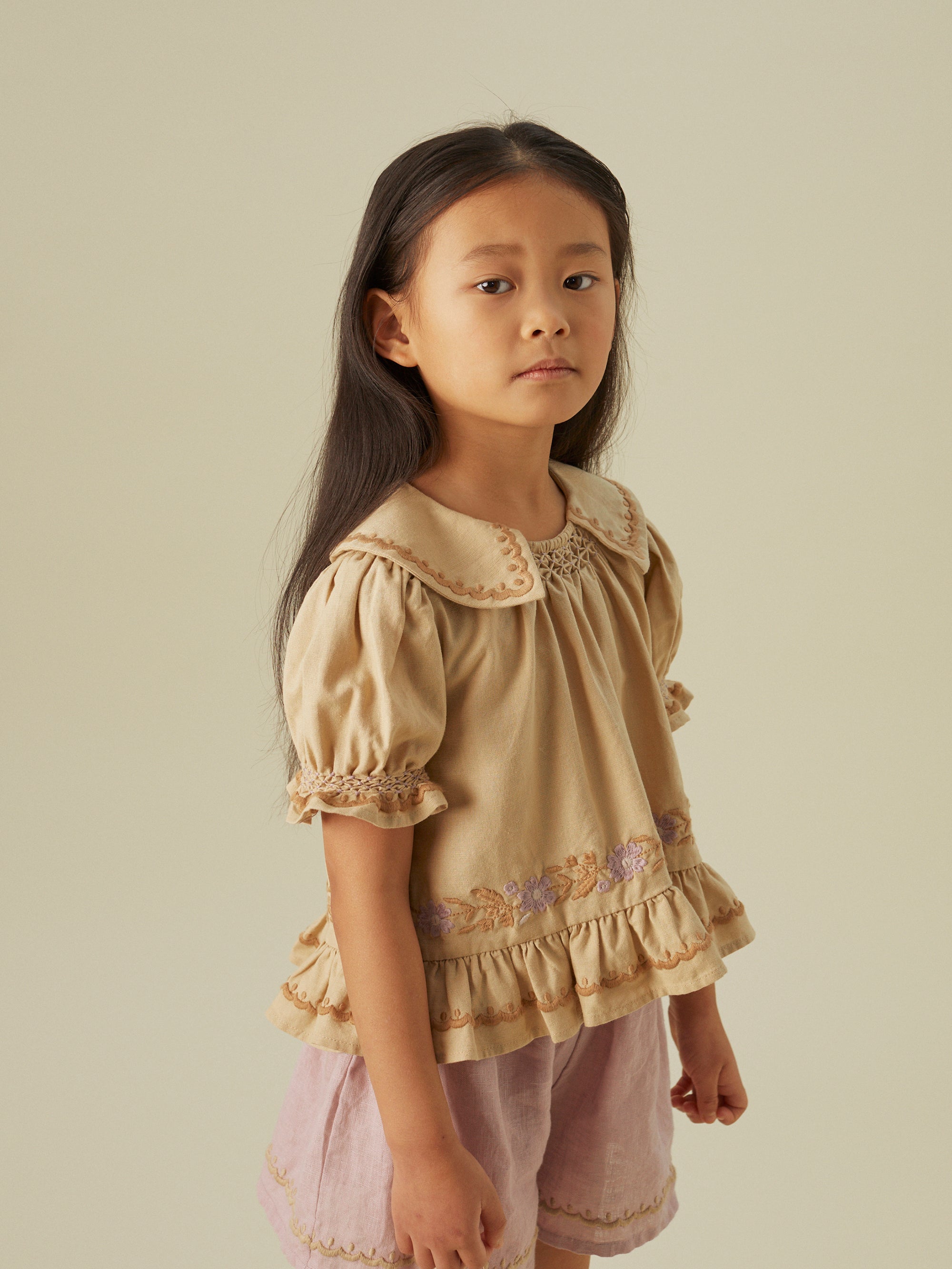 Apolina Betsy Kid's Short Sleeve Embroidered Blouse Dove | BIEN BIEN bienbienshop.com