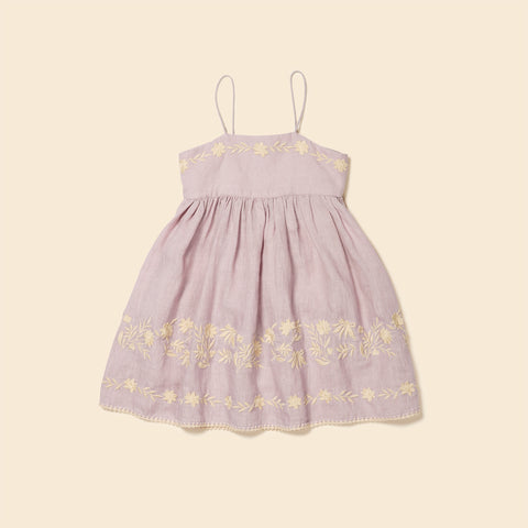 Apolina Magrit Kid's Embroidered Linen Tie Back Sun Dress Lavender | BIEN BIEN bienbienshop.com