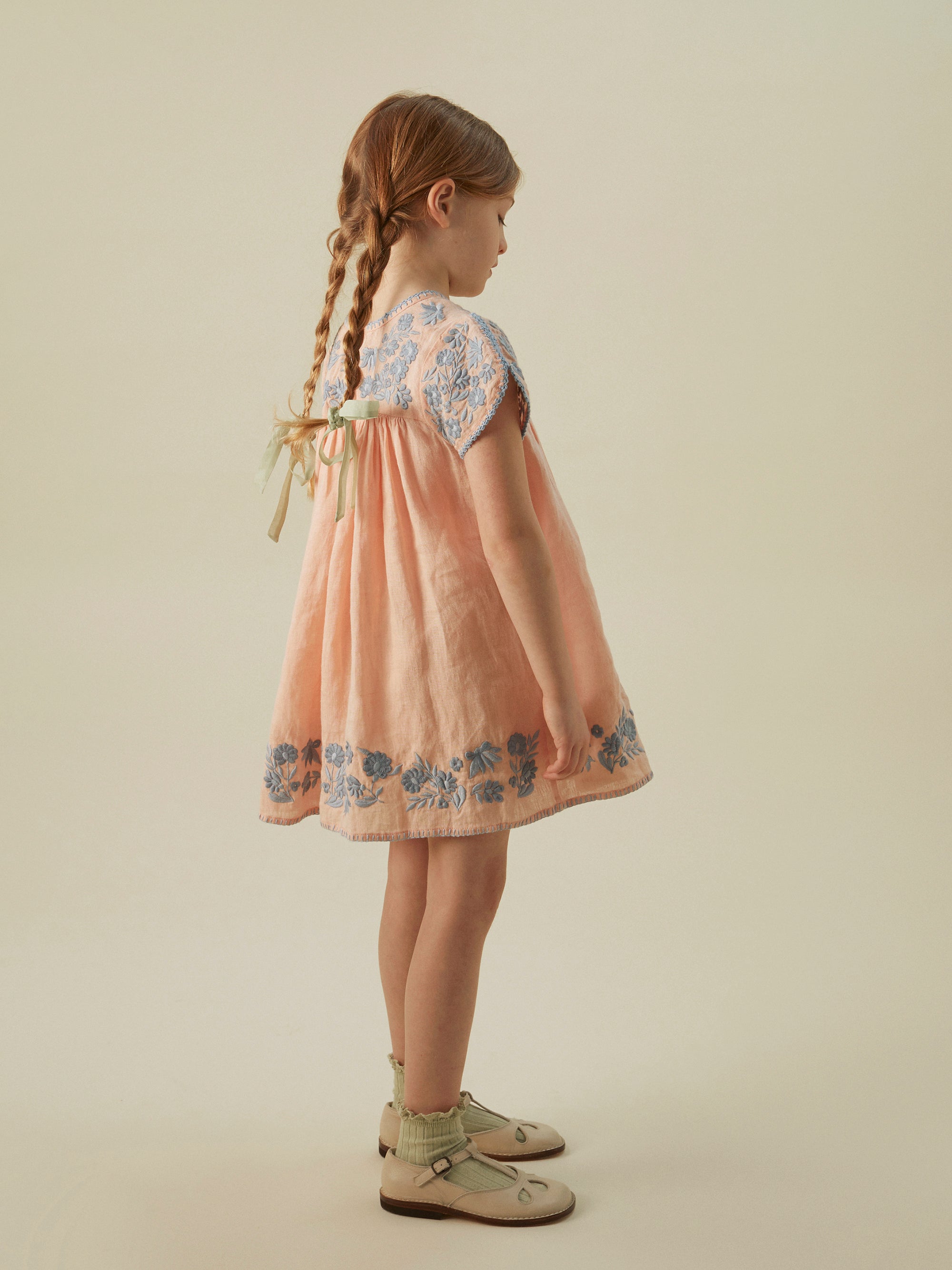 Apolina Spring/Summer 2024 Stevie Kid's Dress Pale Rose Linen Blue Embroidery | BIEN BIEN bienbienshop.com
