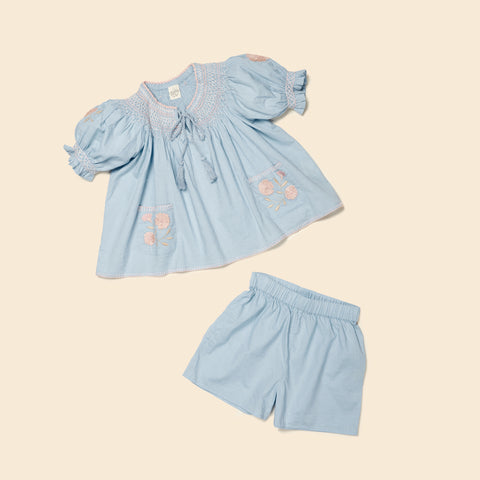 Apolina Verna Kid's Embroidered Set Top & Shorts Blue Jay | BIEN BIEN bienbienshop.com