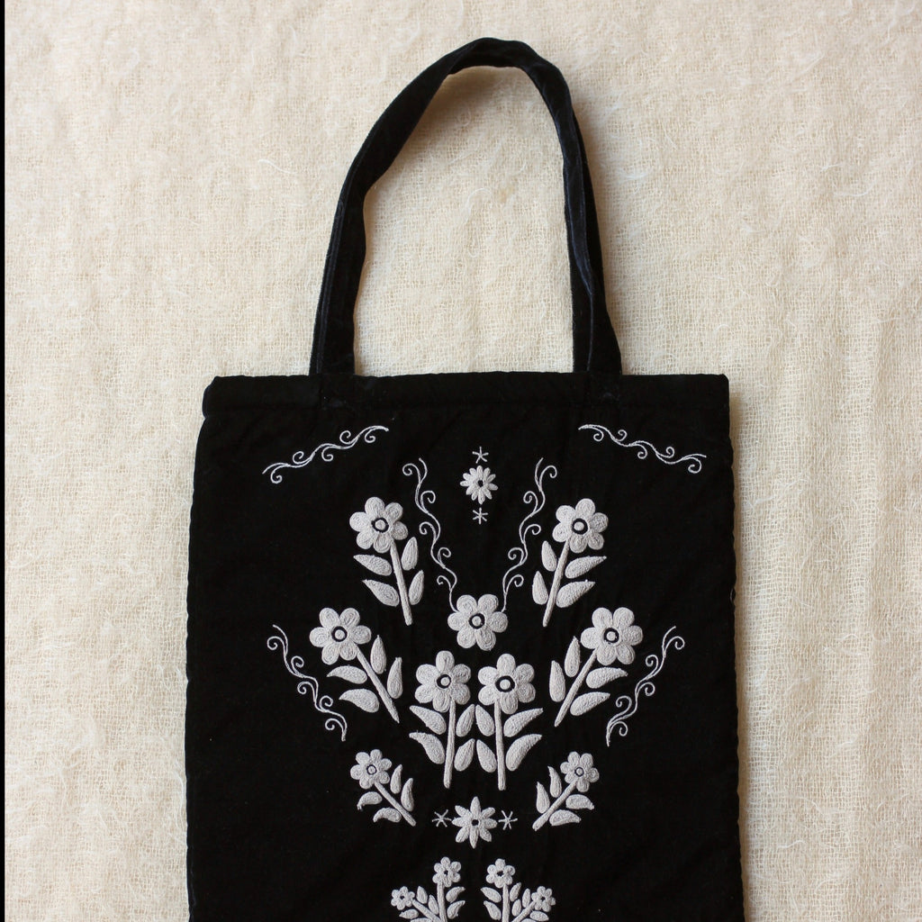 Bonjour Kid's Big Tote Bag Black Velvet Ivory Embroidery Red Cashmere Print Lining | BIEN BIEN bienbienshop.com