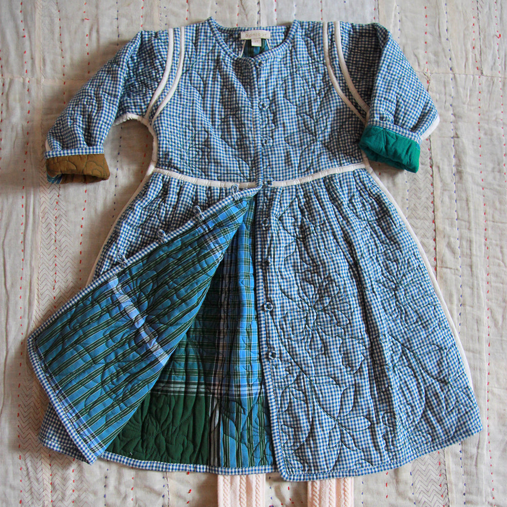 Bonjour Kid's Quilted Coat Dress Blue Vichy Green Lungi Check BIENBIEN
