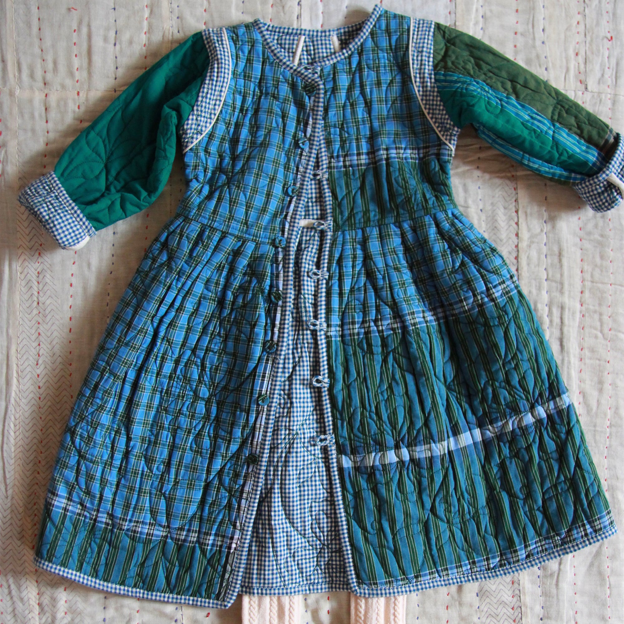 Bonjour Kid's Quilted Coat Dress Blue Vichy Green Lungi Check BIENBIEN