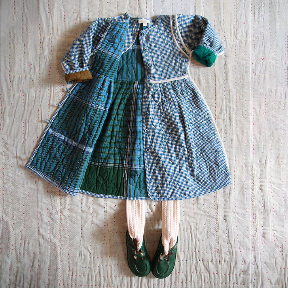 Bonjour Kid's Quilted Coat Dress Blue Vichy Green Lungi Check BIENBIEN