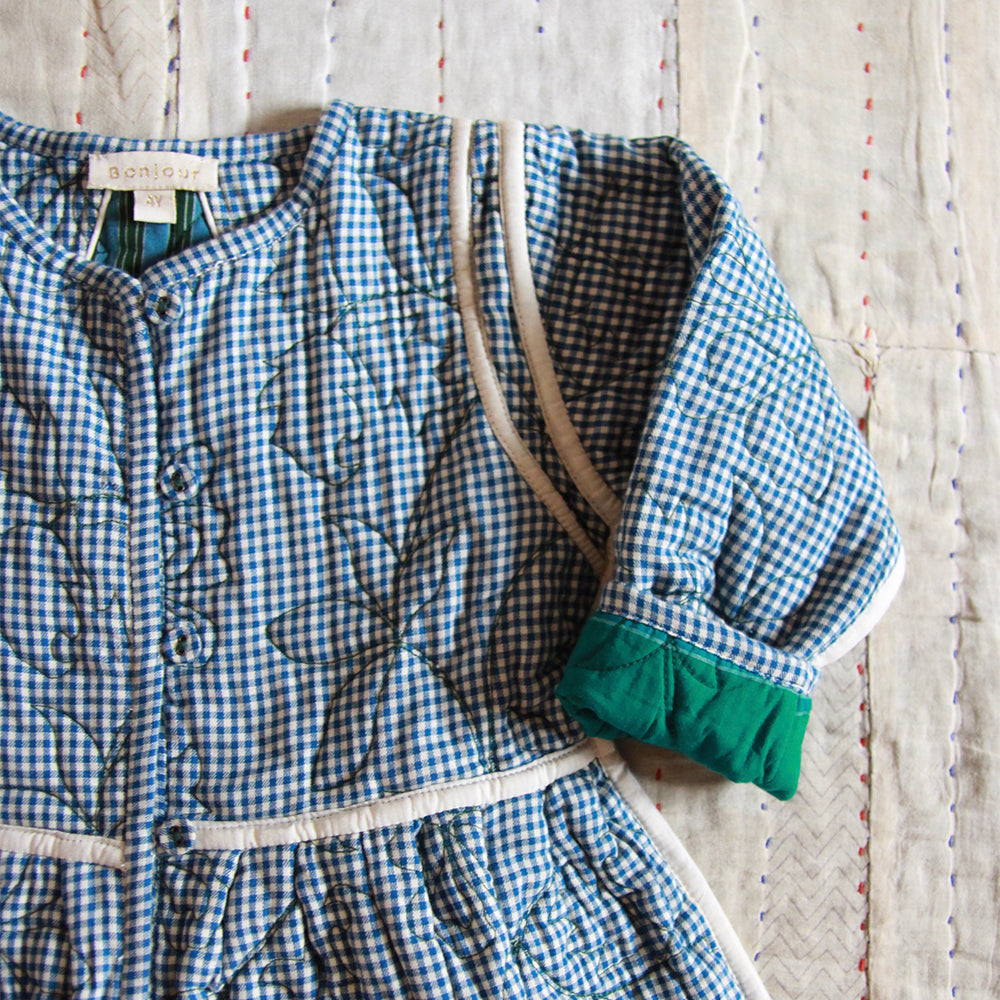 Bonjour Kid's Quilted Coat Dress Blue Vichy Green Lungi Check BIENBIEN