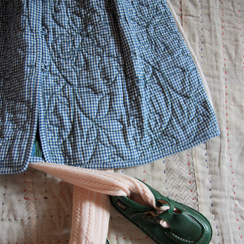 Bonjour Kid's Quilted Coat Dress Blue Vichy Green Lungi Check BIENBIEN