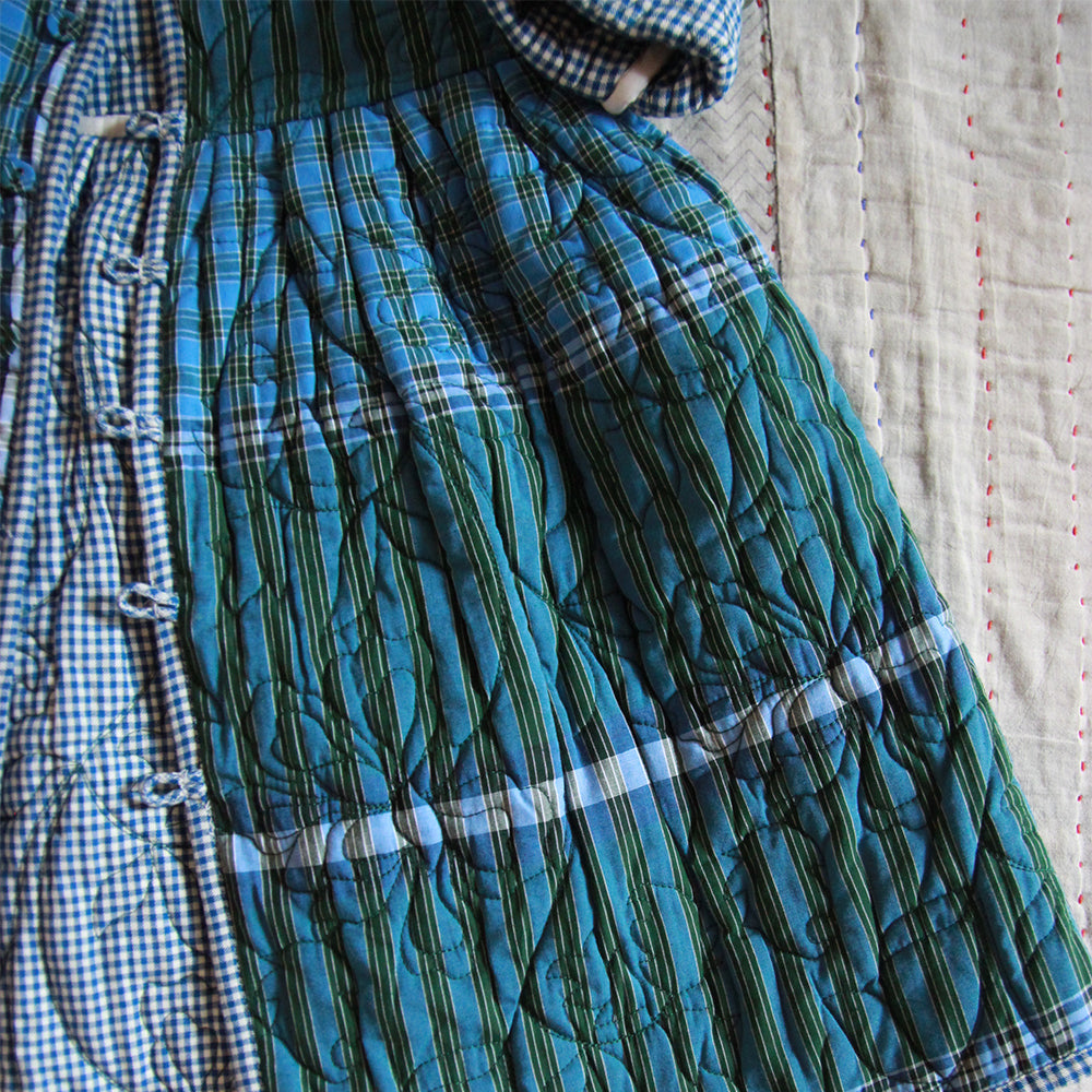 Bonjour Kid's Quilted Coat Dress Blue Vichy Green Lungi Check BIENBIEN