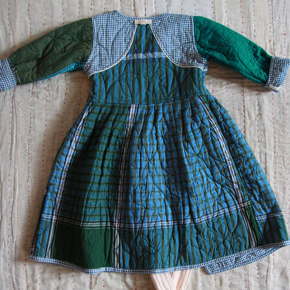 Bonjour Kid's Quilted Coat Dress Blue Vichy Green Lungi Check BIENBIEN